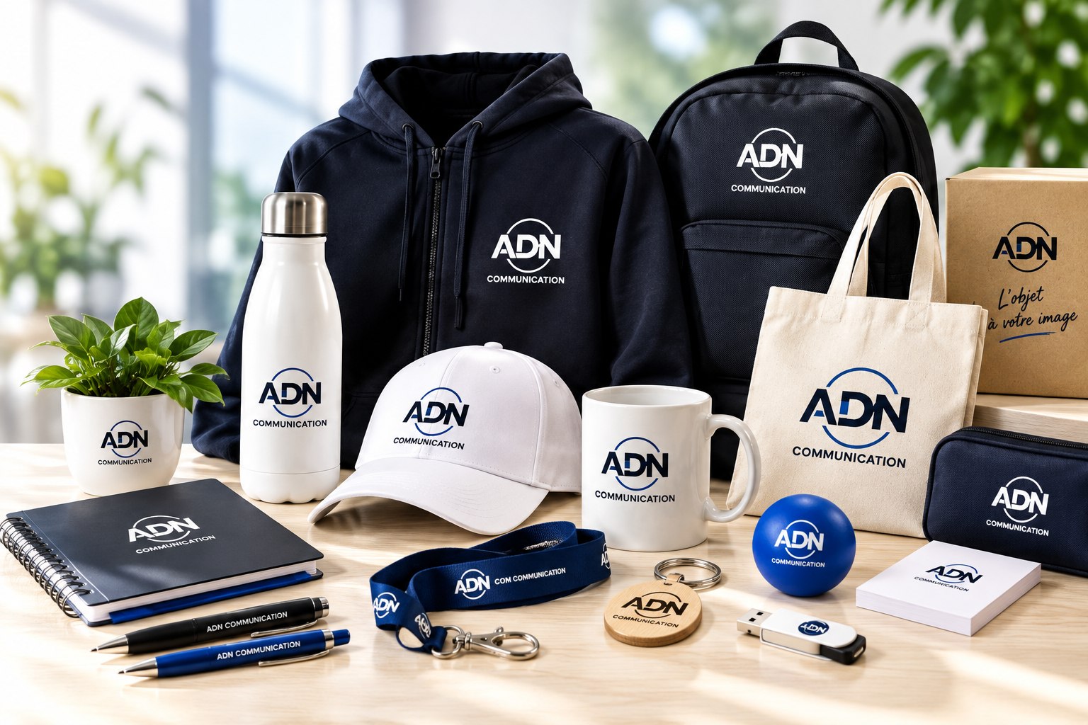 Produits personnalisés ADN Communication : textile, gourdes, casquettes, mugs et goodies